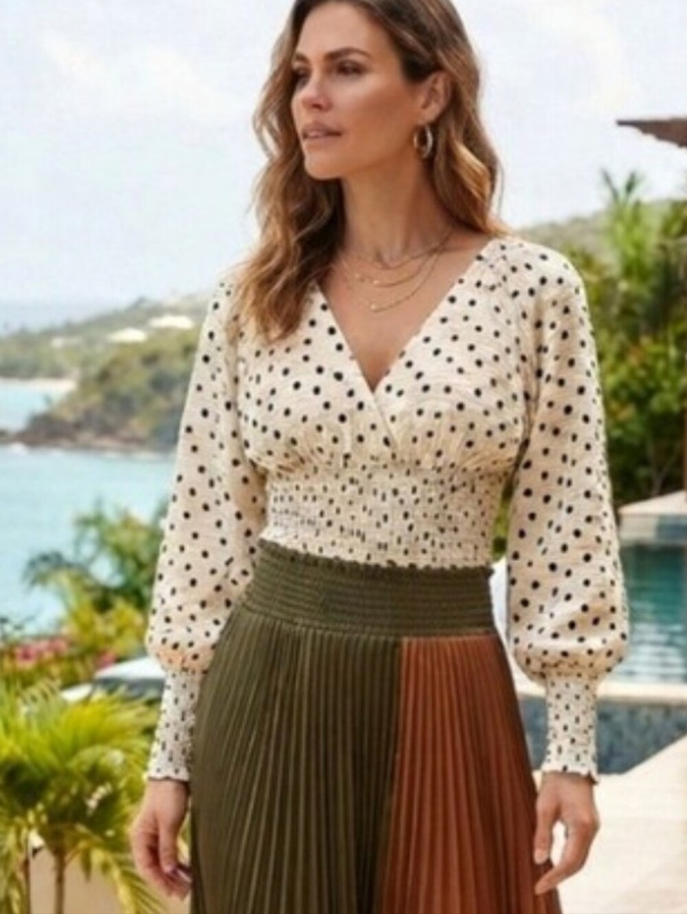 Diane von Furstenberg Silk Polka Dot Smocked Blouse Size Medium